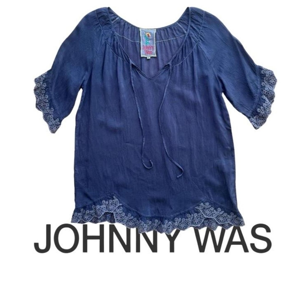 Johnny Was Navy Embroidered Peasant Blouse small